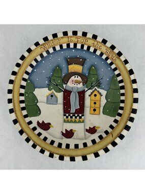"Winter Is For The Birds" Wooden Bowl 8" Snowman Design Rustic Hand-Painted